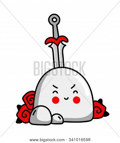 Excalibur Sword In The Stone, Twined With Roses. Cute Little Cartoon Character. Vector Illustration.