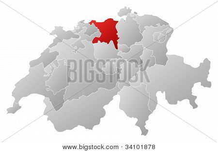 Mapa Švýcarska, Aargau zvýrazněny