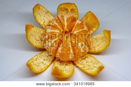 Slice Of Mandarin Tangerine Tasty Juicy Bright Fruit Sweet Beautiful. Isolsted