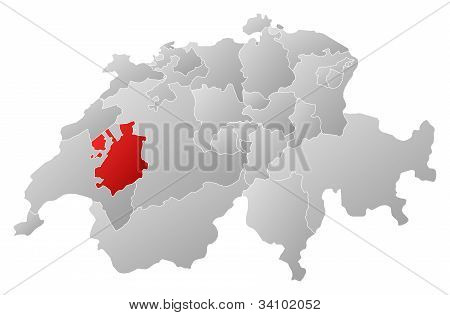 Mapa Švýcarska, Fribourg, zvýrazněné