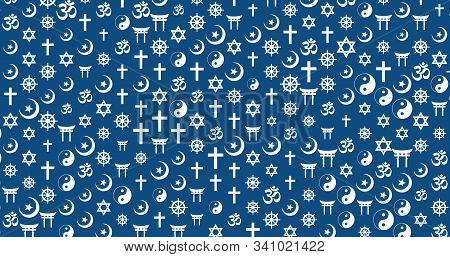 Abstract Background Of Randomly Sized Religious Symbols (buddhism, Christianity, Hinduism, Islam, Ju