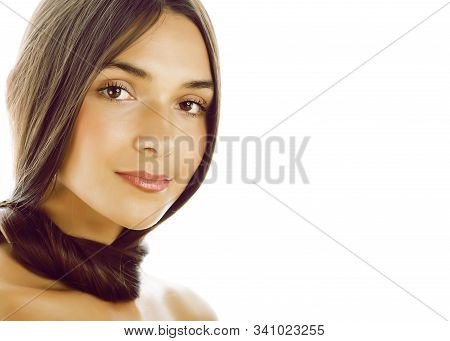 Young Fresh Brunette Tann Girl With Beauty Hairstyle Isolated On White Closeup, Soft Spa Face