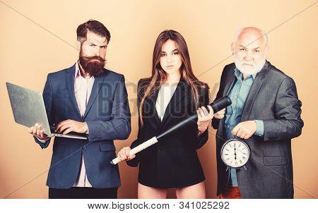 Aggressive Business. Business Strategy. Woman And Guy Colleague Working Together. Business Lady And 