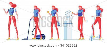 Woman Constructor Busy With Different Activities Flat Cartoon Vector Illustration. Character Doing H