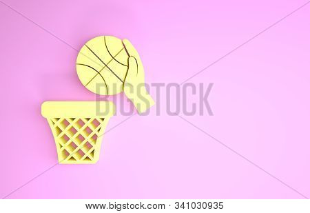 Yellow Hand With Basketball Ball And Basket Icon Isolated On Pink Background. Ball In Basketball Hoo
