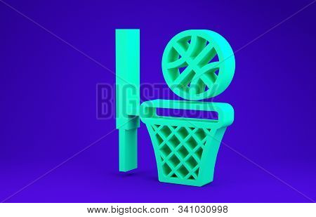 Green Basketball Ball And Basket Icon Isolated On Blue Background. Ball In Basketball Hoop. Minimali