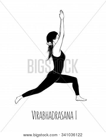 Vector Illustration Yoga Pose Virabhadrasana I. Girl Does Yoga Exercises - Vector