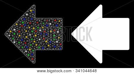 Glowing Mesh Arrow Left Icon With Sparkle Effect. Abstract Illuminated Model Of Arrow Left. Shiny Wi