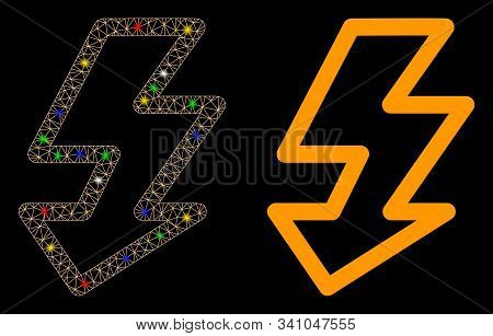 Glowing Mesh Camera Flash Icon With Sparkle Effect. Abstract Illuminated Model Of Camera Flash. Shin
