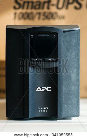 Paris, France - Mar 24, 2018: Front View Of New Apc Smart-ups C1000 With Buttons, Display And Cardbo