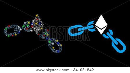 Glowing Mesh Ethereum Broken Chain Icon With Lightspot Effect. Abstract Illuminated Model Of Ethereu