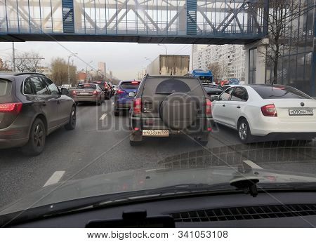 Moscow, Russia - Desember, 2019: Traffic Jam On Altufevskoe Highway. View From The Drivers Seat