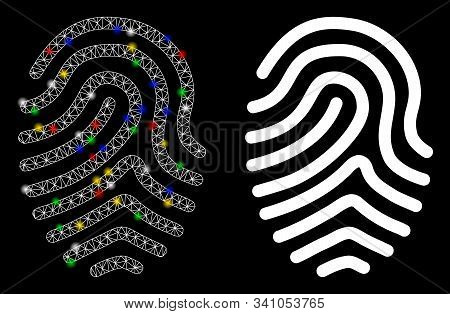 Flare Mesh Fingerprint Icon With Lightspot Effect. Abstract Illuminated Model Of Fingerprint. Shiny 