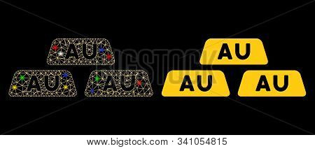 Glossy Mesh Gold Bullions Icon With Glow Effect. Abstract Illuminated Model Of Gold Bullions. Shiny 