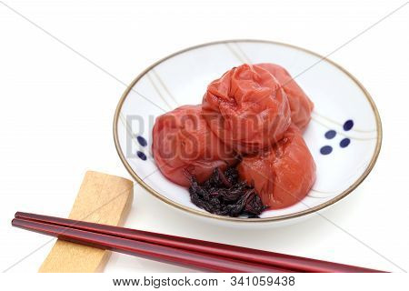 Japanese Food, Salted Umeboshi On White Background