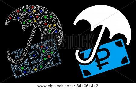 Glossy Mesh Rouble Financial Safety Icon With Glow Effect. Abstract Illuminated Model Of Rouble Fina