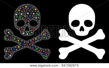 Glossy Mesh Skull And Crossbones Icon With Glare Effect. Abstract Illuminated Model Of Skull And Cro