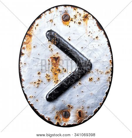 3D render symbol right angle bracket made of forged metal on the background fragment of a metal surface with cracked rust. 3d rendering