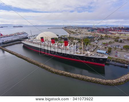 Queen Mary aerial view in harbor of Long Beach, Los Angeles County, California CA, USA.