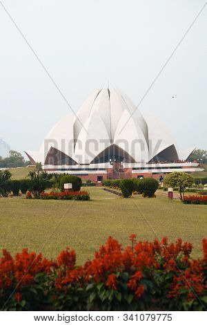 New Delhi, India - December 14, 2019:   Lotus Temple, A Bahai House Of Worship, Built In 1986 And Op