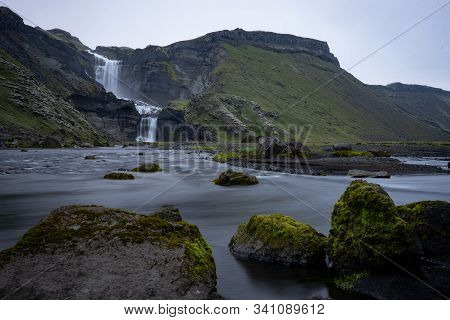 Two-tiered Waterfall Ofaerufoss In The Eldgja Canyon, In The Central Iceland