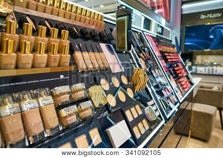 HONG KONG, CHINA - CIRCA JANUARY, 2019: cosmetic products on display at Estee Lauder store in Elements shopping mall.