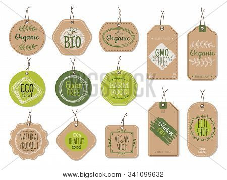 Organic Cardboard Labels. Eco Paper Badges, Green Farm Nature Product Price Shop Tags With Ecologic 