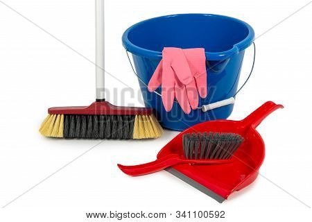 Bucket, Broom, Dustpan Isolated On The White Background