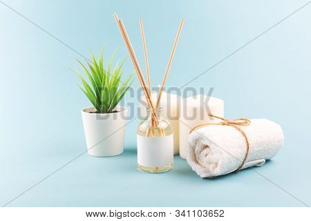 Beauty Composition With Pink Salt And Towel On Blue Background. Selfcare, Home Spa And Relaxation Co
