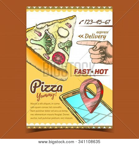Vegetarian Italian Pizza Advertising Banner Vector. Cooked Slice Cheese Pizza With Ingredients Rapin