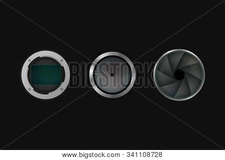 Image Sensor, Shutter And Lens. Vector Illustration. Camera Equipment.