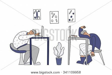 Overtime Concept. Tired Men Sitting At The Table And Sleeping. Exhausted Freelancers At Laptops. Vec