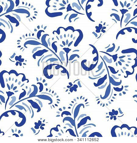 Blue Hand-drawn Classic Chintz Floral Vector Seamless Pattern On White Background. Folk Flowers Mono
