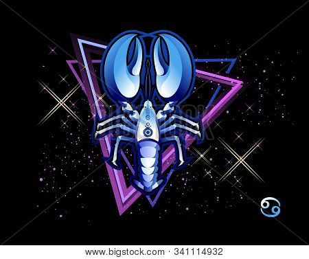 Cancer Zodiac Astrological Horoscope, In Retro Style On A Black Background With Neon Luminous Elemen