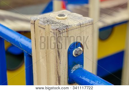 Close-up Of A Beige Wooden Beam At The Playground. Sports Playground For Preschool Children. Selecti