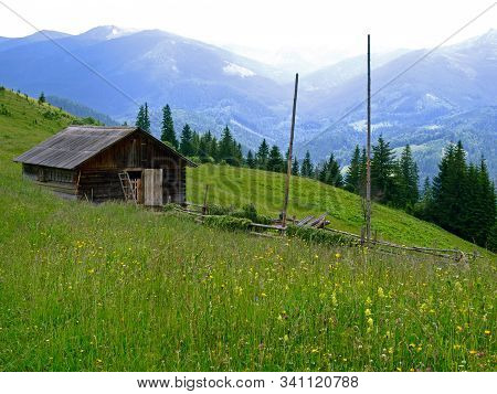 Household (farmer Barn) Or Hut High On The Meadow In Green Mountains. Picturesque Summer Mountain La