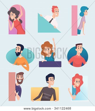 Peeking Out. Characters Male And Female Looking Peeping Seeking Standing Balcony Vector Collection. 