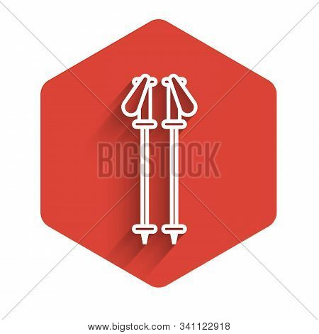 White Line Ski Poles Icon Isolated With Long Shadow. Extreme Sport. Skiing Equipment. Winter Sports 