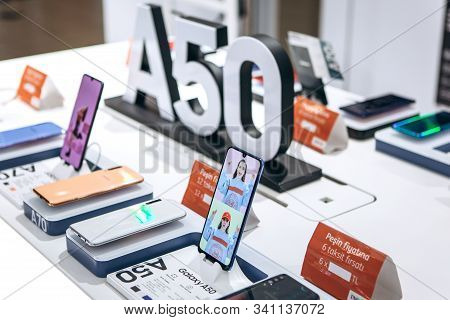 Turkey, Istanbul, December 20, 2019: Sale Of New Samsung Galaxy A50 Cell Phones In The Official Sams