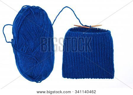 Yarn Skein For Hand Knitting And Crochet On White Background Isolated. Ball Of Soft Wool With Needle