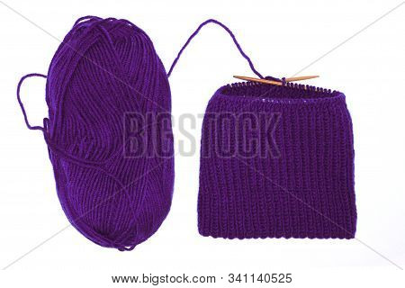 Yarn Skein For Hand Knitting And Crochet On White Background Isolated. Ball Of Soft Wool With Needle