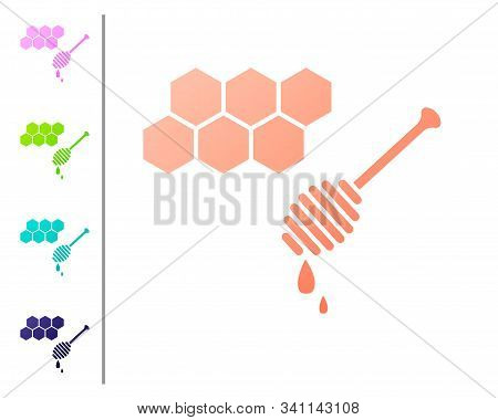 Coral Honeycomb With Honey Dipper Stickicon Isolated On White Background. Honey Ladle. Honey Cells S