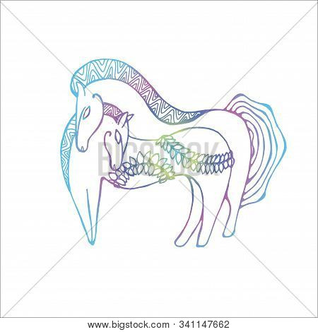 Neon Illustration Of Two Horses With Fern Branches In Scythian Style.