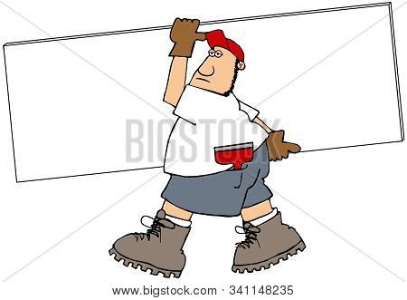 Illustration Of A Worker Wearing Shorts Carry A Full Piece Of Sheetrock.