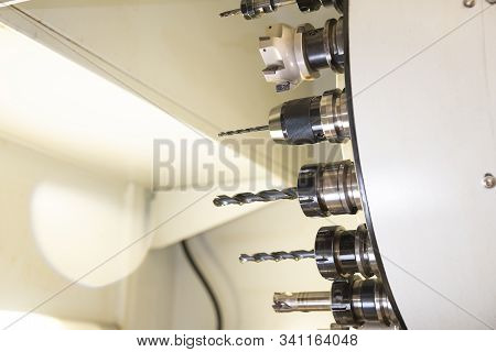 Various Of Cutting Tools Of The Cnc Milling Machine In The Magazine Such As Ball, Flat, Radius Endmi