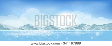 Vector Summer Beach With Shiny Sparkling On Blue Ocean In Island, Beautiful View Of Sea Scape With B