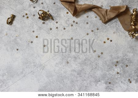 New Year Festive Composition, Web Banner With Black And Gold Confetti Stars And Silk Ribbbon. Party 