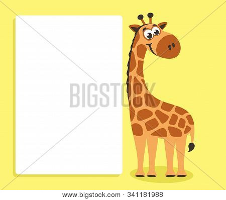 Cute Giraffe With White Board. Template For Your Text. Cartoon Character With White Banner. Place Yo