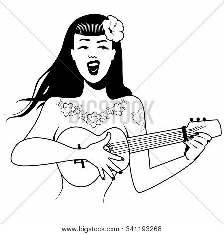 Sexy And Tattooed Pinup Girl Singing And Playing Ukelele. Cartoon Retro Style Isolated On White Back