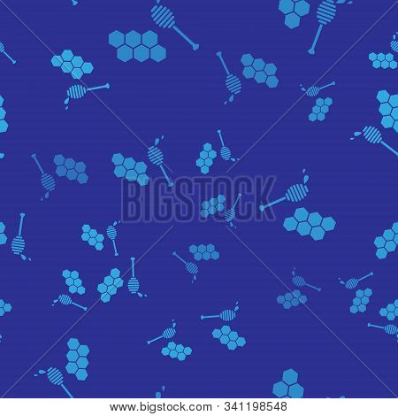 Blue Honeycomb With Honey Dipper Stickicon Isolated Seamless Pattern On Blue Background. Honey Ladle